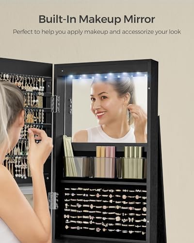 SONGMICS 6 LEDs Mirror Jewelry Cabinet Organizer, 360° Swivel, Lockable - Image 3