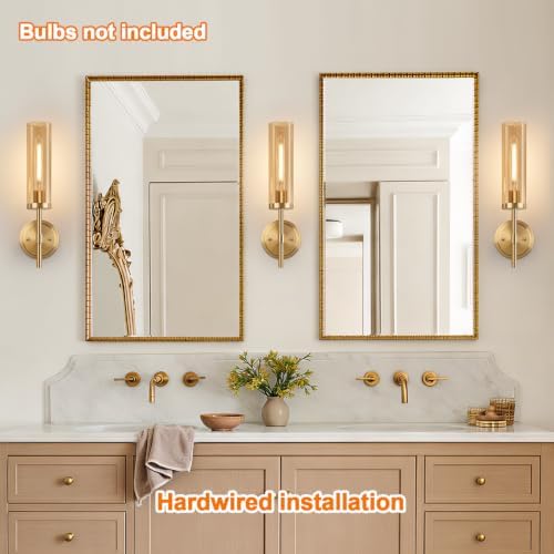 MOKATNG Hardwired Wall Sconces Set of Two, Brushed Gold Bathroom Sconces with Amber Glass, Modern Wall Light Fixtures for Bathroom Mirror Vanity, Living Room, Hallway, Stairway, Cabinet, Foyer - Image 3