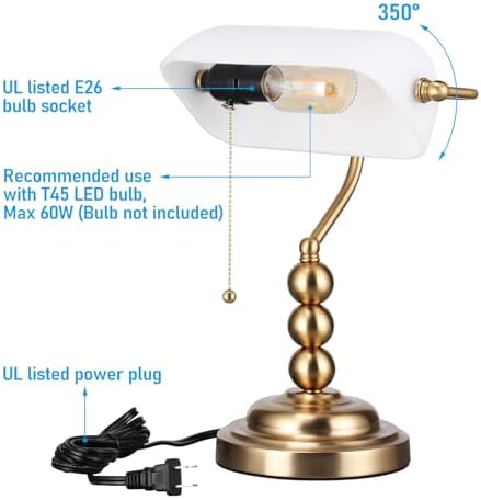 TORCHSTAR Ivory White Glass Bankers Desk Lamp with Pull Chain, E26 Base - Image 5
