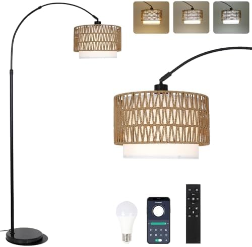 eyassi Arc Floor Lamp with Remote, Modern LED Floor Lamp with Dimmable Bulb, Boho Farmhouse Standing lamp with Fabric & Rattan Lampshades, Height Adjustable Black Tall Lamp for Living Room Bedroom by EYASSI