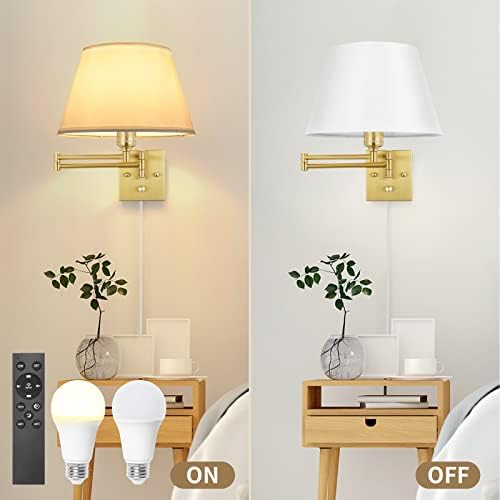 TRLIFE Remote Control Dimmable Wall Sconce, Adjustable Color Temperature 2700K-6500K Brushed Brass Swing Arm Wall Lights with Plug in Cord, 11.8" Large White Shade(2 Pack, 2 Bulbs) - Image 6