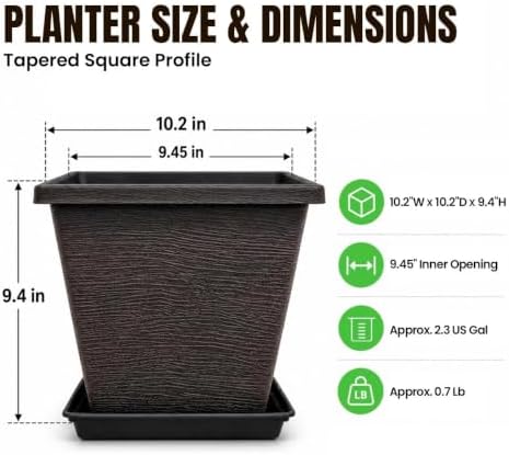 Usocik 10 Inch Square Planter Pots with Saucers, Coffee Brown, 4 Pack - Image 4