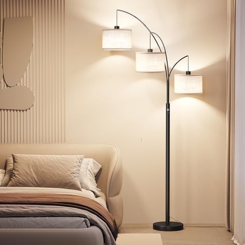 SUNMORY 3 Lights Floor Lamp for Living Room, 78" Tall Standing Lamp with Hanging Drum Shade, Modern Arc Floor Lamps with Heavy Base, Mid Century Arched Tree Floor Lamp for Bedroom, Office, Corner - Image 6