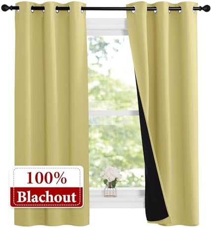 NICETOWN 100% Blackout Short Curtains with Black Liners, 2 Panels, 37" W by 50" L, Paler Yellow, Thermal Insulated Full Blackout 2-Layer Lined Drapes, Energy Efficiency Window Draperies for Bedroom - Image 2
