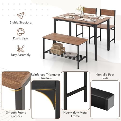 Dining Table Set for 4 with Storage Bench & 2 Chairs, Teak - Image 4