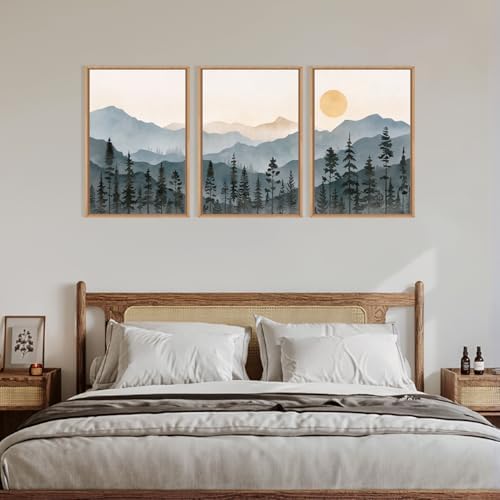LHIUEM Boho Mountain Framed Canvas Wall Art Set,Forest Pine Tree Wall Decor, Sunrise Misty Wilderness Painting,Watercolor Nature Landscape Artwork for Living Room,Bedroom,Dining Room,Office -24"x36"x3 - Image 5