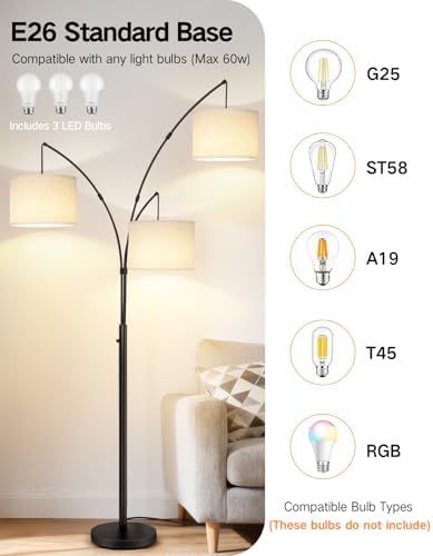 OUTON Arc Led Floor Lamp, Modern Black 3 Light Tall Floor Lamp for Bedroom, 2400lm Mid Century Adjustable Standing Corner Lamps for Living Room Office, 3 LED Bulbs Included, White Lampshade - Image 4