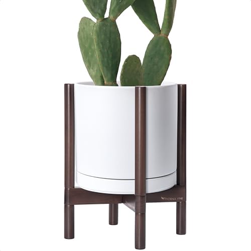D'vine Dev Ceramic Pot with Walnut Wood Stand, White, 12 in, 55-B-W-1 by DvineDevPlanterPotsandStand