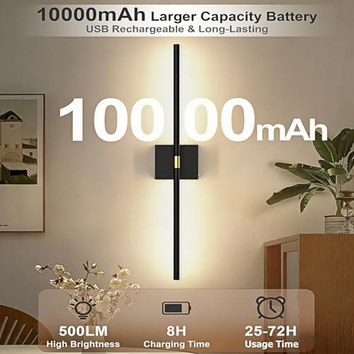 iThird Battery Operated Wall Sconces Set of 2: 10000mAh Rechargeable Wireless Wall Lights, 360° Rotatable Magnetic Wall Lamp, 4CCT Dimmable LED Wall Lighting for Bedroom Living Room Hallway, 31.7in - Image 3