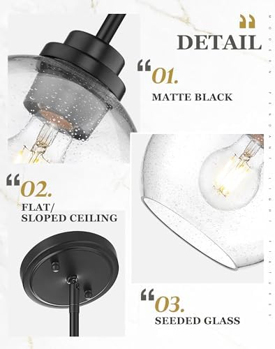 2-Pack Pendant Lights Kitchen Island, 7" Modern Black Hanging Lights Fixtures with Clear Seeded Glass Globe Shade, Kitchen Island Lighting for Bathroom, AD-22280-1P2-BK-S - Image 3