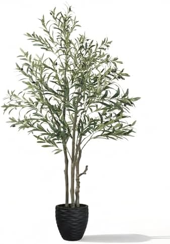 KOL 6ft Artificial Olive Tree Indoor, Tall Faux Olive Trees, Fake Olive Tree Floor Plant for Home Office Living Room Decor with Matte Black Pot by KOL