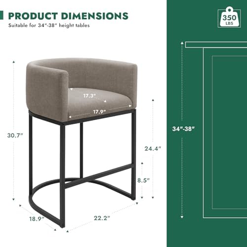 Counter Height Bar Stools Set of 2, 24 Inch Seat Height Barstools for Dining Room, Fabric Upholstered Bar Chair for Kitchen Island, Linen Counter Stools with Metal Legs, Sand - Image 2