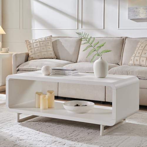 IFGET 48" Modern Coffee Table, 2-Tier Minimalist Curved Center Table, White by IFGETEnrichYourLivingSpace