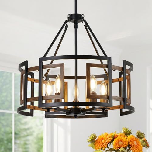 20" Dining Room Light Fixture/Chandelier Over Table, 5-Light Black & Wood Grain Farmhouse Chandeliers for Dining Room, Industrial Metal Hanging Pendant Lights Fixture for Kitchen Island Foyer Entryway by YUEXCDSHOME