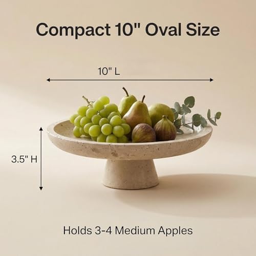 Natural Travertine Decorative Bowl - 10" Small Oval Pedestal Catchall Tray - Handcrafted Beige Footed Stone Centerpiece for Entryway, Coffee Table, or Kitchen (Japandi Style) - Image 5