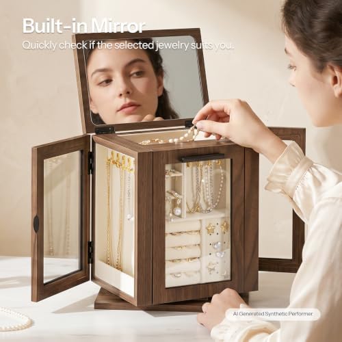 HOOBRO 360° Rotating Jewelry Box with Mirror, Wooden Jewelry Organizer Box - Image 5