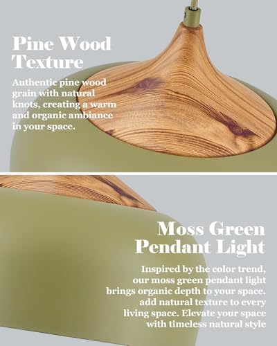 ELYONA Vintage Pendant Light Fixtures with Faux Pine Wood Grain, 12 Inch Adjustable Hanging Light Moss Green Metal Shade, Mid Century Modern Japandi Pendant Lamp for Kitchen Island Dining Room Bedroom - Image 3