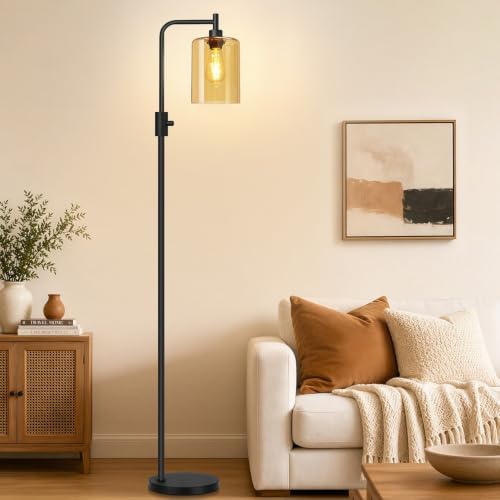 【Upgraded】 Dimmable Floor Lamp for Living Room with Amber Glass Lampshade, Black Modern Glass Floor Lamp with 900LM LED Bulb Included, Arc Standing Tall Lamp for Bedroom, Office, Reading Room, Corner by Yemela