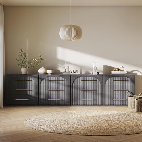 BELLEZE Set of 4 Fluted Modular Sideboard Cabinet, Classic Modern Buffet Cabinet with 3 Drawers, 130'' Accent Credenza Cabinet for Living Room Kitchen Entryway (Ebony) - Image 5