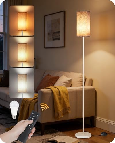 64.2'' Dimmable Floor Lamp for Living Room with Remote and Foot Switch, Corner Floor Lamp for Bedroom, Includes 10W A19 Bulb, Modern Standing Tall Lamp, ETL Listed White and Beige WE17LD05 by GOEBLESON