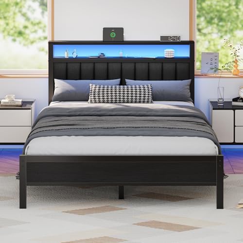 Furnulem Queen Size Bed Frame with Charging Station and LED Lights by Furnulem