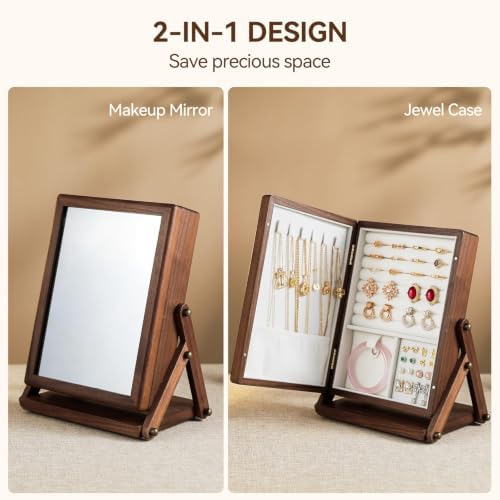 Black Walnut Wooden Jewelry Box, Organizer with Makeup Mirror for Women - Image 3