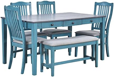 Compact 6-Piece Dining Table Set, Solid Wood Kitchen Dining Room Table Set with 4 Padded Ergonomic Chairs & Bench, 60'' Rectangular Table with Storage Drawer, Space-saving Design (Antique Blue-P) - Image 6