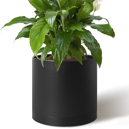 Giraffe Creation 14 Inch Cylinder Plant Pot, Modern Round Planter with Drainage Holes and Saucer, Durable Plastic Flower Pot for Indoor Outdoor Plants, Black by Giraffe+Creation