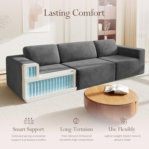 Vesgantti 119" Modular Sectional Sofa, Corduroy Cloud Couch with Deep Seating & Spring Support, 3 Seater Flexible Layout Sofa, Boneless Couch for Living Room & Apartment, No Assembly Required, Grey - Image 4
