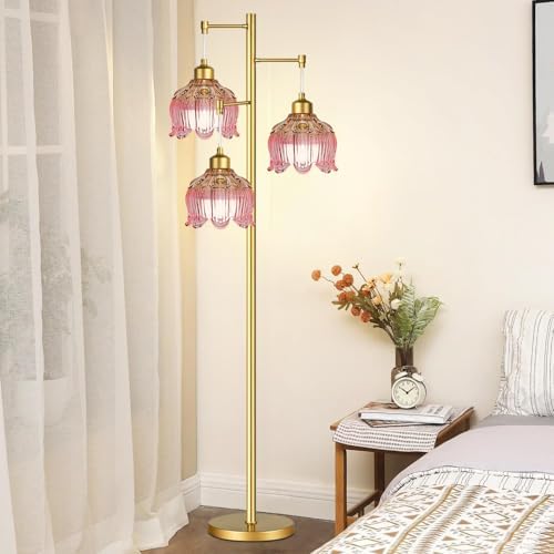 QIYIZM Pink Floor Lamp for Living Room,Bedroom,Gold Mid Century Modern Standing Lamp Brass Tree 3 Light Tall Floor Lamps Vintage Retro Floor Lights Glass Flower Lamp Shade Girls Kids Boho Bohemian - Image 6