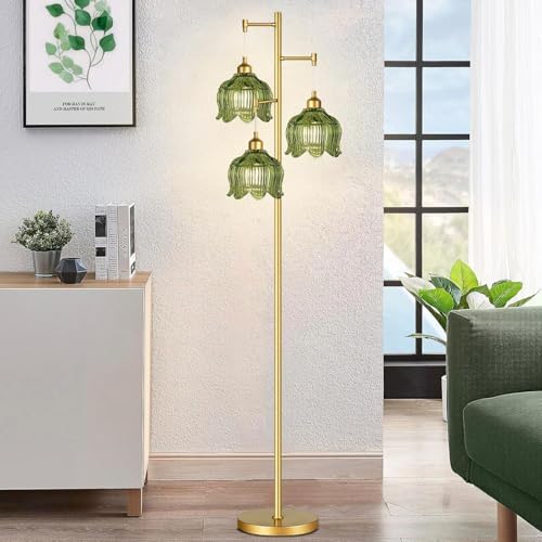 Glass Floor Lamp for Living Room,Bedroom,Gold Mid Century Modern Standing Lamp Brass Tree 3 Light Tall Floor Lamps Vintage Retro Floor Lights Green Flower Lamp Shade Farmhouse Boho Bohemian - Image 7
