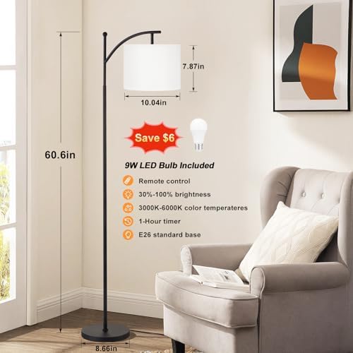 Ambimall 60" Floor Lamp with Remote and Stepless Dimmable Bulb, Black Pole - Image 2