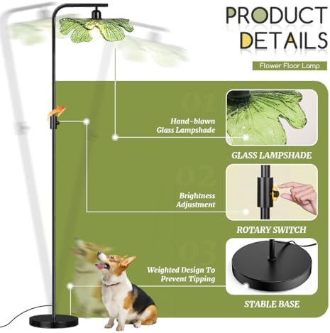 Vintage Dimmable Floor Lamp for Living Room, 67" Standing Lamp Mid Century Modern Tall lamp, Black Metal Pole with Green Flower Glass Shade, Tall Reading Lamp for Bedroom Office Corner - Image 6