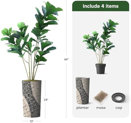 Artificial Tree in Geometric Pattern Planter, Fake Ficus Lyrata Silk Tree for Indoor and Outdoor Home Decoration - 66" Overall Tall (Plant Pot Plus Tree) - Image 3