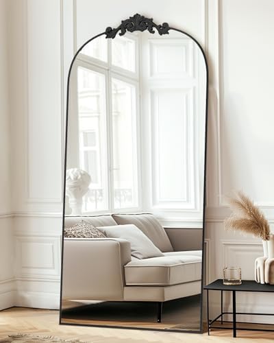 Vintage Full Length Mirror,78"x38" Arched Antique Floor Mirror with Carved Metal Frame,Large Standing Wall Mounted or Leaning Mirror for Bedroom Living Room Entryway,Black by Furnbar