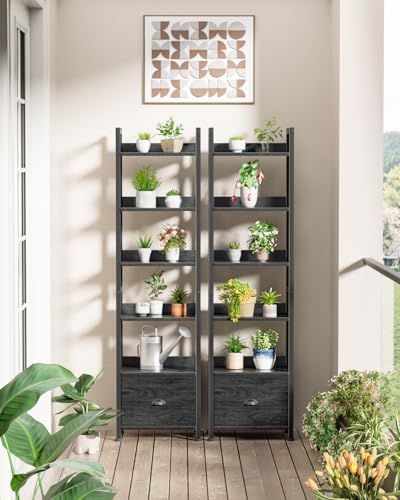 Furologee 6 Tier Bookshelf, Tall Shelf with Drawer, Wood and Metal Bookshelves Storage Organizer, Industrial Display Shelving Unit for Bedroom, Living Room, Home Office, Black Oak - Image 7