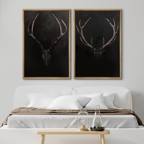 SIGNWIN Framed Canvas Print Wall Art Rustic Antler Skull Dark Dramatic Black Vintage-Inspired Deer and Elk Antlers Illustrations Decorative for Living Room, Bedroom, Office - 24"" x36 x2 Natural - Image 2