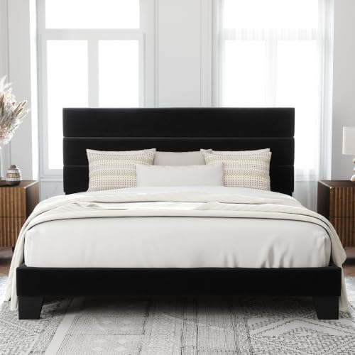 Allewie Cal King Size Platform Bed Frame with Velvet Upholstered Headboard - Image 3
