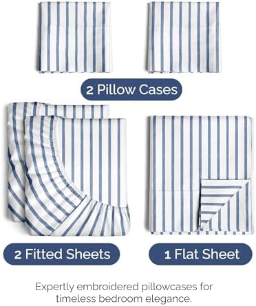 Split King Size 5 Piece Sheet Set - Breathable & Cooling - Blue Stripes - Image 2
