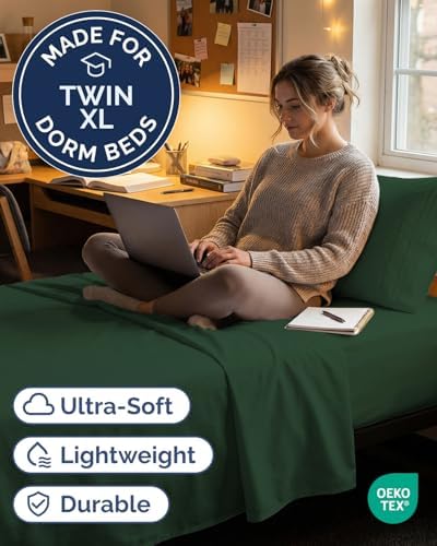 Twin XL 3 Piece Sheet Set - College Dorm Room Essentials - Emerald Green - Image 2