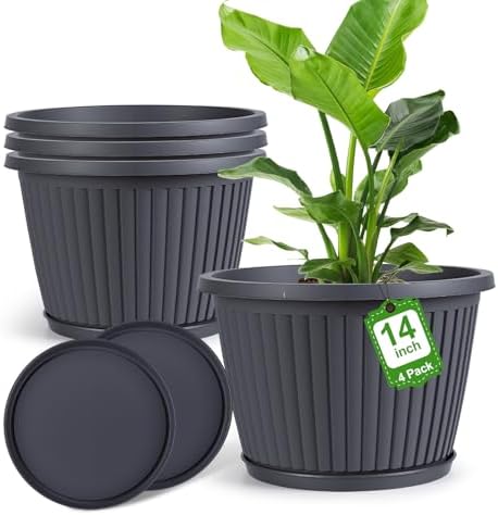 14-inch-Large-Planters-for-Outdoor-Plant，Plastic Indoor Flower Pots with Drainage Holes & Saucer，4 Packs Decorative Garden Pots for Plantfor Home Porch Decor by FlowyypoPlantPot