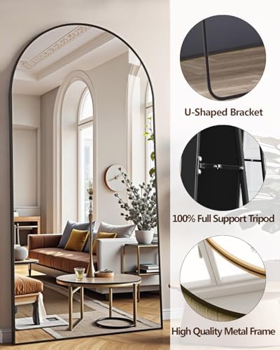 77"x38" Extra Large Arched Full Length Mirror - Standing Floor Mirror with Stand & Wall Mountable, Aluminum Alloy Frame, Shatterproof Glass for Bedroom, Living Room, Entryway, Dressing Room, Black - Image 3