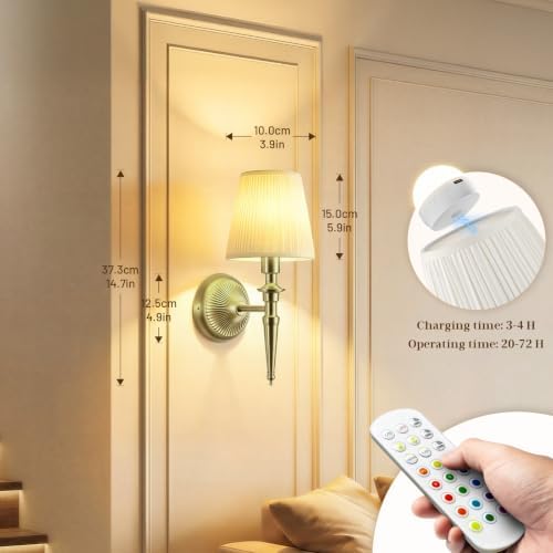 Battery Operated Wall Sconces Set of 2, Wireless Wall Lights with 12 RGB Colors and 3CCT Dimmable, Small Fabric LED Wall Lamps for Bedroom, Living Room, Hallway, Brass - Image 5