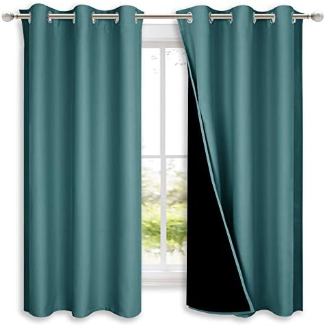 NICETOWN 100% Blackout Short Curtains with Black Liners, 2 Panels, 37" W by 40" L, Sea Teal, Solid Thermal Insulated Full Blackout 2-Layer Lined Drapes, Energy Efficiency Window Draperies for Bedroom by NICETOWN