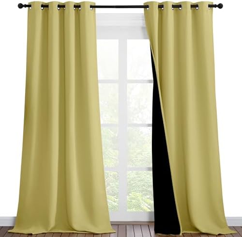 NICETOWN 100% Blackout Blinds, Set of 2, 46 inches x 96 inches, Laundry Room Decor Window Treatment Curtains for Large Patio Sliding Door, Thermal Insulated Paler Yellow Curtains for Bedroom by NICETOWN