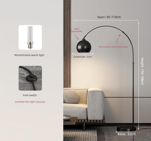Modern Arc Floor Lamp with Chrome Dome Shade, Height Adjustable 59-74in, for Living Room Bedroom Study,Office,Industrial Style Decorative Lights (Black) - Image 2