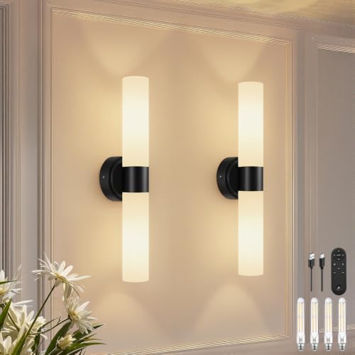 Rechargeable Wall Sconces Set of Two, Modern Matte Battery Operated Wall Light Fixtures with Remote Control, Dimmable Wireless Wall Sconces with Milky Glass for Bathroom Mirror Bedroom Living Room by Meybiok