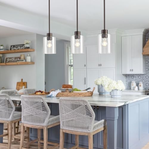 Oil Rubbed Bronze Pendant Lights Kitchen Island - Clear Glass Pendant Light Fixture Multiple Stems Rods 3 Units 12 Inch 3 Units 4 Inch (2 Pack Oil Rubbed Bronze Downrod) - Image 6