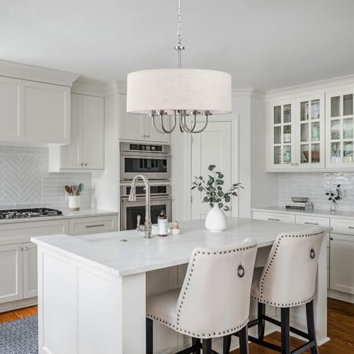 Drum Modern Chandeliers for Dining Room Light Fixture 5 Lights Brushed Nickel Chandelier with Linen Lampshade 19” Farmhouse Chandelier Large Pendant Lighting Fixtures for Foyer Entryway Kitchen - Image 4