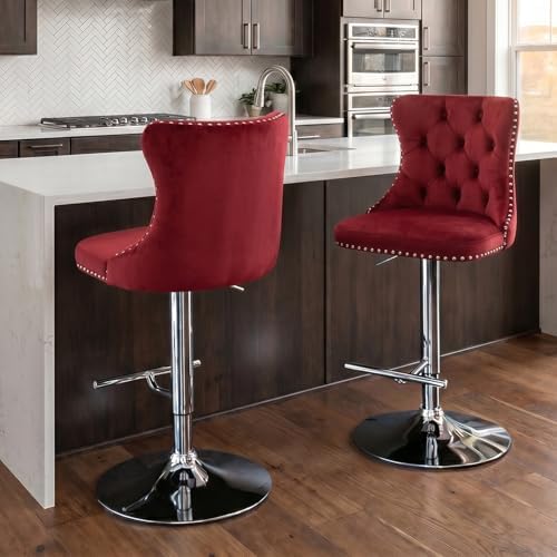 SoarFlash Velvet Bar Stool Set of 2, Adjustable Swivel Bar Stools with Silver Plated Metal Leg, Button Tufted, Footrest, Chrome Nailhead, Counter Height Chair for Kitchen, Bar, Dining Room (Wine Red) - Image 3